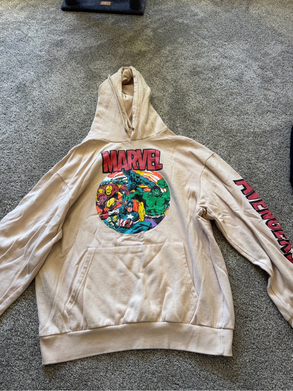 Marvel Beige Hoodie with Red Logo and Multicolor Character Art